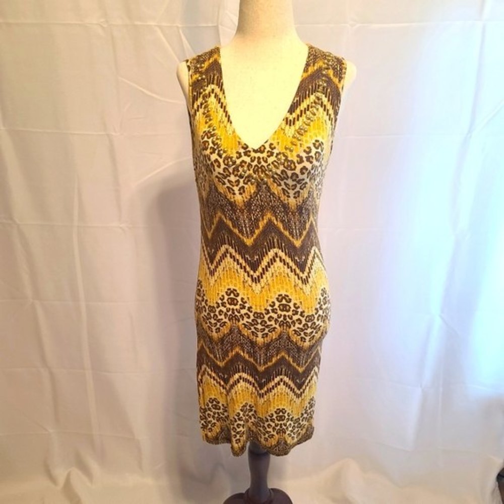 Joyous & Free Yellow and brown chevron beaded summer dress size small